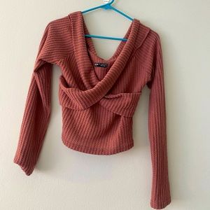 Knit drop shoulder crossover crop sweater
